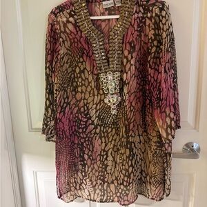 Chico’s Embellished Animal Print Top – Semi sheer– size 12